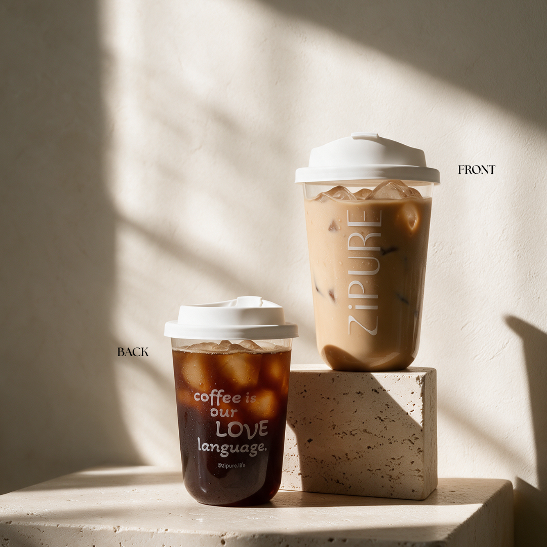 ZIPURE Grab & Sip 16oz rounded bottom cup front and back view with white sip lid
