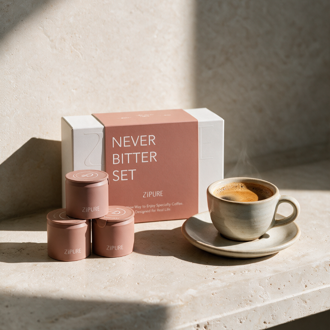 ZIPURE Never Bitter Shot Colombia box with three coffee pod tins