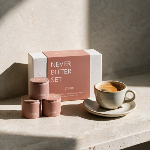 ZIPURE Never Bitter Shot Colombia box with three coffee pod tins