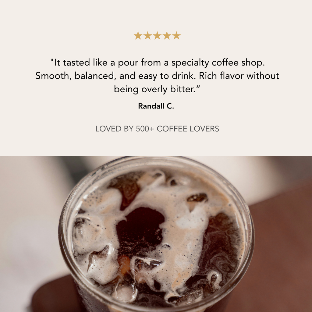 Customer review praising ZIPURE Never Bitter Shot Colombia as smooth and balanced, loved by over 500 coffee lovers