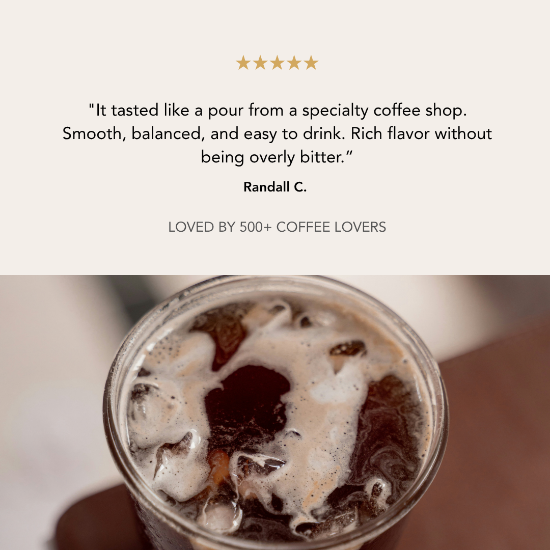Customer review praising ZIPURE Never Bitter Shot Colombia as smooth and balanced, loved by over 500 coffee lovers
