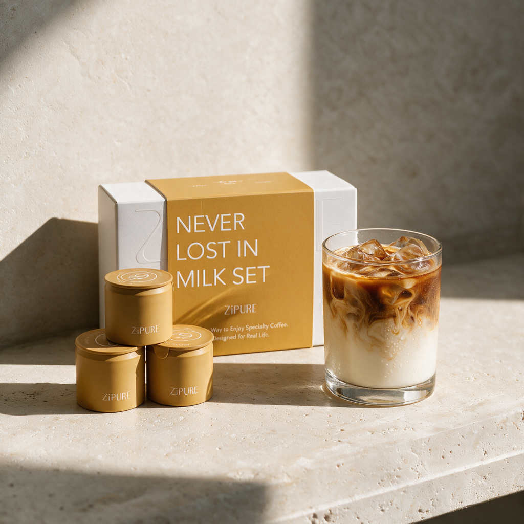 ZIPURE Never Lost in Milk House Blend box with three coffee pod tins