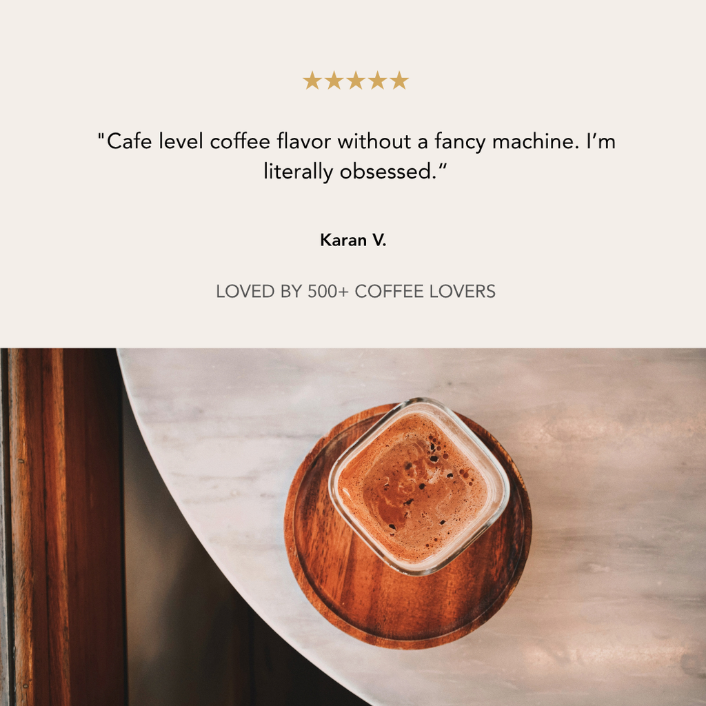 Customer review praising ZIPURE Never Lost in Milk as cafe-level coffee flavor, loved by over 500 coffee lovers