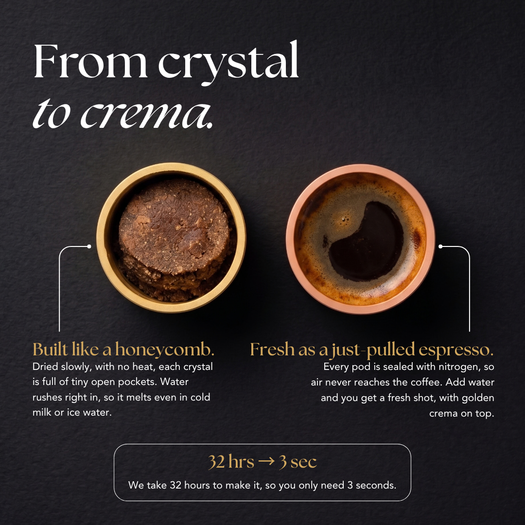 Close-up comparison of a ZIPURE coffee crystal pod before and after brewing, showing crema forming in seconds