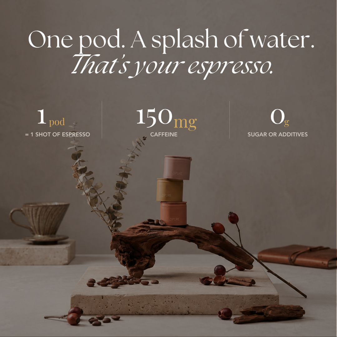 ZIPURE coffee pod styled with coffee beans, showing one pod equals one espresso shot with 150mg caffeine and no added sugar
