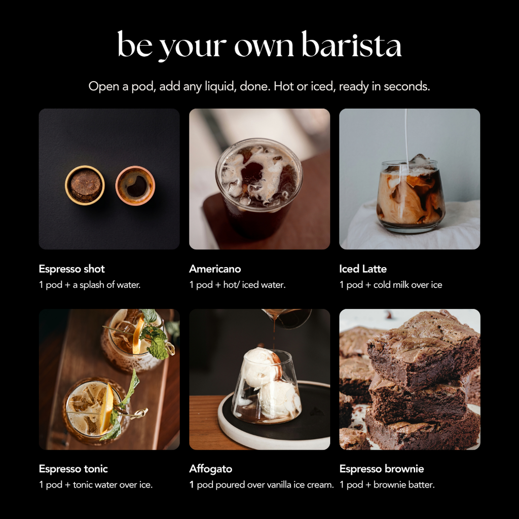 Six ways to enjoy a ZIPURE coffee pod: espresso shot, Americano, iced latte, espresso tonic, affogato, and espresso brownie