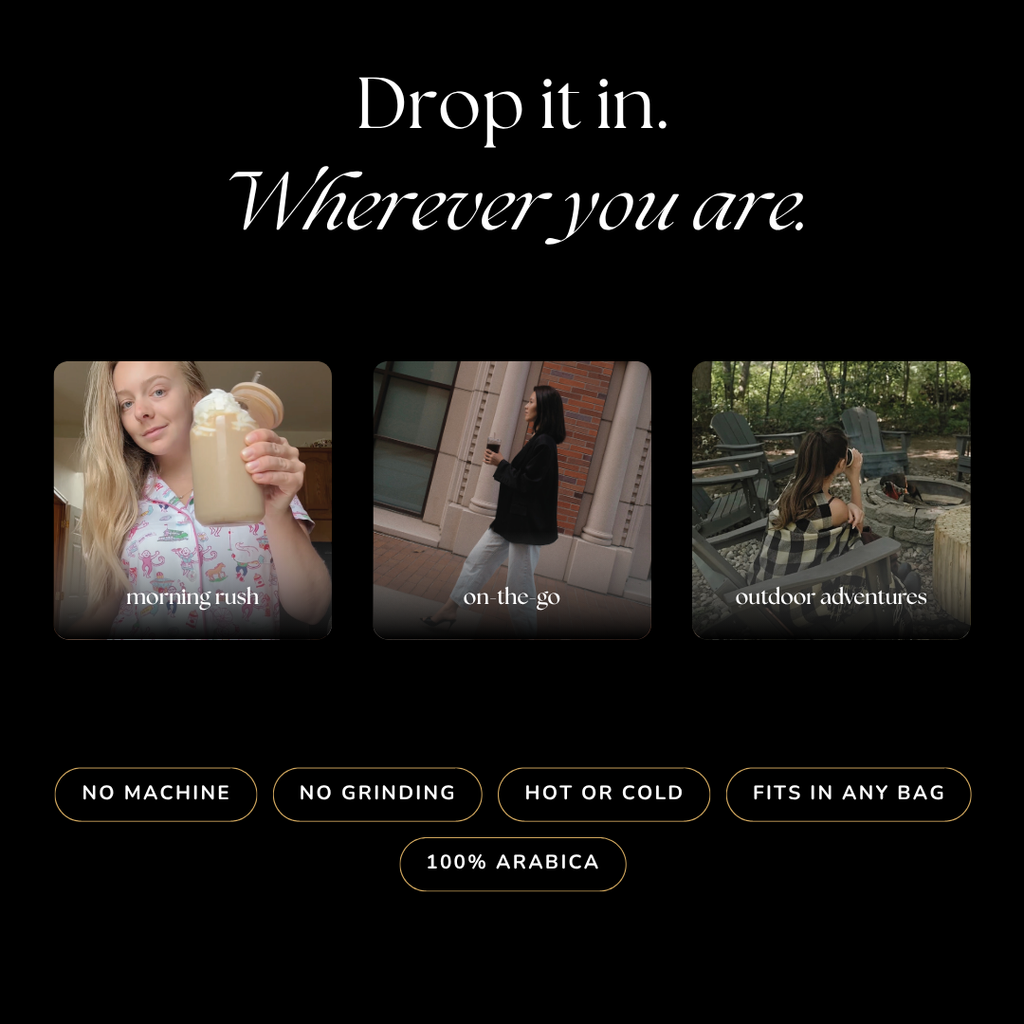 Three lifestyle photos showing ZIPURE coffee enjoyed during a morning rush, on the go, and on outdoor adventures