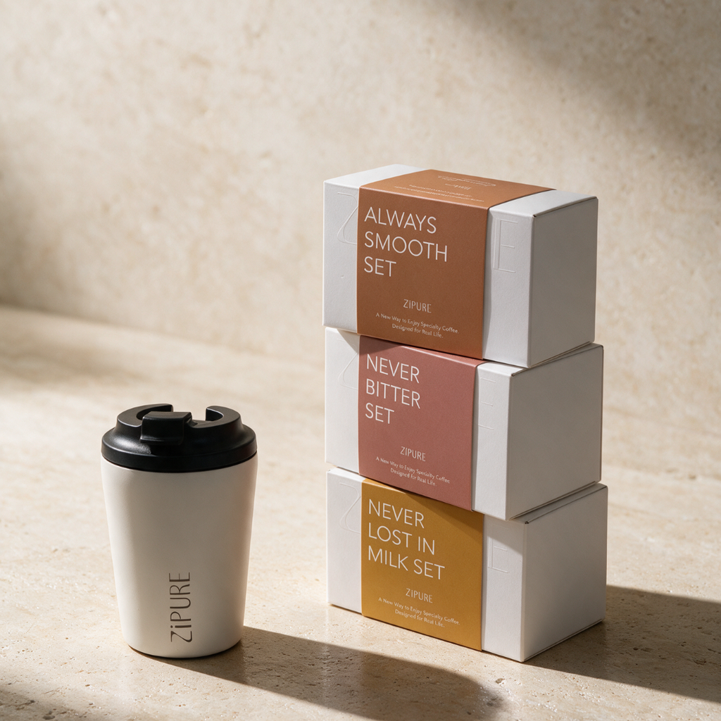 ZIPURE Starter Kit with three coffee pod set boxes stacked beside a ZIPURE tumbler